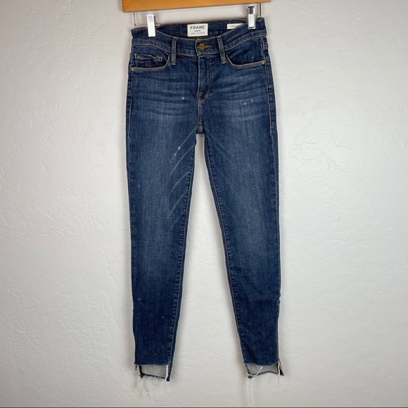 Frame Denim Le Skinny De Jeanne Raw Stagger Hem Ankle Zip Crop Medium Wash Sz 24